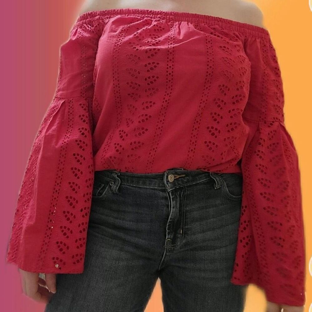 Express red pink boho eyelet top with bell sleeves size S